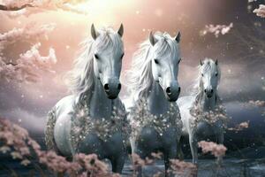 ai generado majestuoso unicornios con reluciente plata cuernos - generativo ai foto