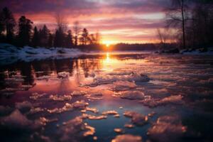 ai generado congelado lago puestas de sol - generativo ai foto