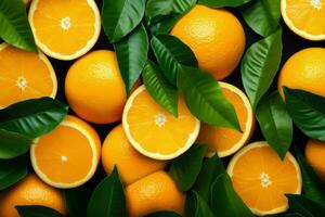 AI generated Image of juicy organic whole and halved oranges with leaves, Fresh orange and slice with leaves background, Close up AI generated photo