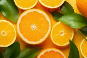 AI generated Fresh orange and slice with leaves background, Close up, Image of juicy organic whole and halved oranges with leaves ,AI generated photo