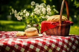 AI generated Picnic basket on the tablecloth in summer garden, Summer picnic background. Cute Wicker basket with foods, fruits. the tablecloth on the grass, Ai generated photo