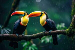AI generated Two toucans sitting on a branch in the rainforest, toucan tropical bird sitting on a tree branch in natural wildlife environment, Ai generated photo