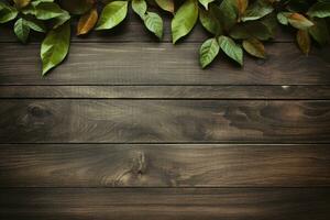 AI generated Empty wooden table top with leaf and bokeh on blur background An empty wooden counter table top for product display Ai generated photo