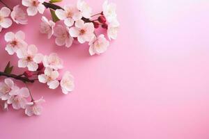 AI generated Cherry blossom flowers on pink background Banner with flowers on light pink background. Greeting card template for Weddings, mothers or Women's day. Ai generated photo