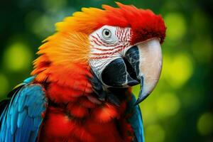 ai generado cerca arriba foto de guacamayo loro, vistoso retrato de Amazonas guacamayo loro en contra selva. lado ver de salvaje loro cabeza . fauna silvestre y selva exótico tropical aves ai generado