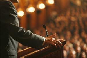 AI generated Side right view of a man in a suit with a hand on a podium with a microphone giving a speech to a crowd photo