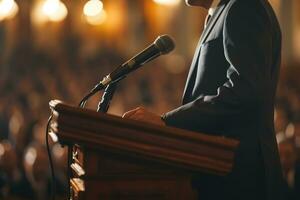 AI generated Side left view of a man in a suit behind a podium with a microphone giving a speech to a crowd photo