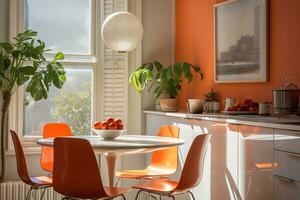 AI generated Modern cozy dining room interior with orange furniture and decor details with a window on a backgound photo