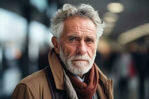 AI generated Portrait of an elderly gray-haired man in a brown coat and scarf against a blurred background of a crowd of people in the waiting room photo