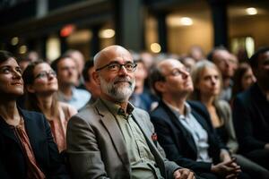 ai generado grave gris peludo mayor hombre en lentes en un grupo de diverso personas sentado en un conferencia salón foto