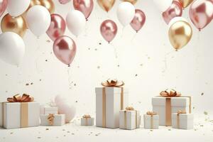 AI generated Balloons and gift boxes with ribbons on white background. 3D Render, 3d render of birthday background with gift box, balloons and confetti Ai generated photo