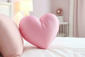 AI generated closeup soft pink heart shaped pillow on a white bed in romantic hotel room photo