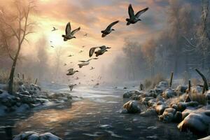AI generated Flock of ducks flying over a frozen lake at sunset, winter time,Wild ducks flying over a frozen river, AI generated photo