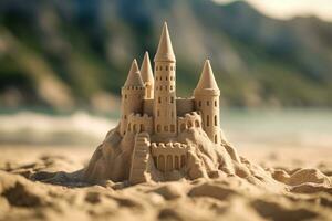 ai generado hermosa muy detallado arena castillo en el playa en contra un borroso natural montañas antecedentes foto