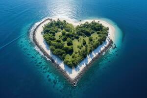 ai generado tropical paraíso remoto isla en corazón forma, aéreo ver foto