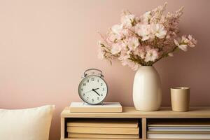 AI generated wooden bedside table with a vase of light pink flowers, books and an alarm clock photo