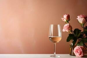 AI generated glass of wine with pink roses flowers in vase and bottle on peach background with copy space, romantic template design photo