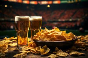 AI generated Glasses of delicious golden beer among crunchy potato chips on a wooden table at the stadium photo