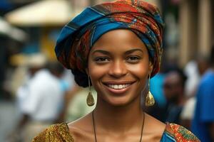 AI generated Young charming Cuban woman wearing a colorful headscarf on a blurred street background photo