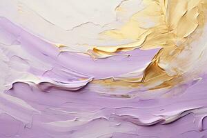 AI generated pastel violet and gold abstract oil painting on canvas, acrylic texture background, rough brushstrokes of paint photo