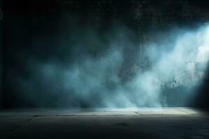 AI generated Dark, empty prison cell with rays of light in the smoke and a spot of light on the floor photo