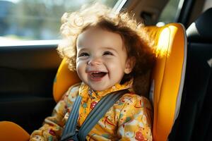 ai generado contento sonriente pequeño Rizado niño sentado en bebé coche asiento foto