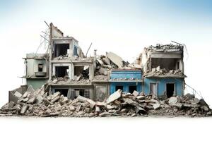 AI generated Demolished buildings, destroyed houses isolated on white background photo