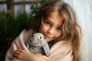 AI generated portrait pretty girl with blond hair hugging a fluffy grey rabbit photo