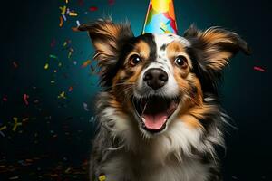 ai generado contento adorable perro sonriente en un cumpleaños sombrero en un azul antecedentes. cumpleaños fiesta de celebracion gracioso animal concepto foto