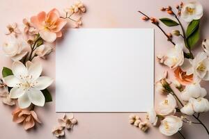 ai generado Bosquejo vacío blanco blanco tarjeta en beige antecedentes con resumen flores foto