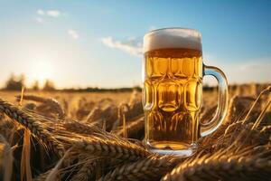 AI generated mug of beer with froth in a wheat field photo