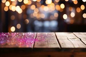 AI generated template of empty dark wooden countertop or table purple and golden light bokeh background photo