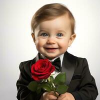 AI generated adorable smiling little baby boy in a black tuxedo holding a red rose in his hands, isolated on a white background photo