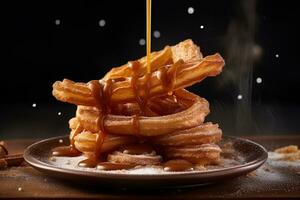 AI generated closeup of a plate of sweet hot churros, spanish pastry topped with caramel photo