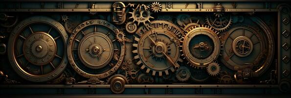 AI generated Abstract dark brass or bronze mechanism with gears, wheels and rivets. steampunk background banner photo