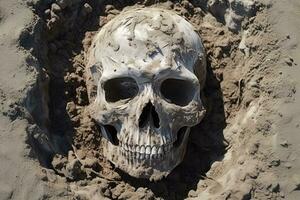 ai generado humano cráneo enterrado en el arena en Desierto foto