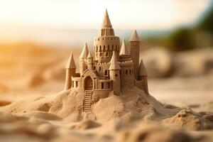ai generado hermosa muy detallado arena castillo en el playa en un borroso natural antecedentes de un arenoso apuntalar foto