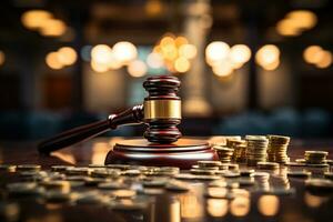 AI generated Judicial gavel among coins on a blurred background of bokeh dots. Concept of payment, law, corruption photo