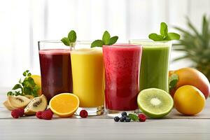AI generated Close up image with four glasses full of fruit and berry juices surrounded by fruits and berries photo