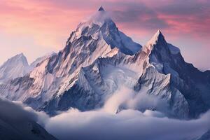 ai generado majestuoso Nevado montaña picos en el nubes a un rosado amanecer foto