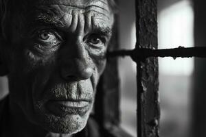 AI generated Close up monochrome portrait of a depressed prisoner near the prison bars photo