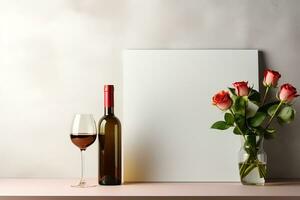 AI generated mockup white blank paper sheet with roses flowers in vase and bottle and glass of wine, romantic template empty card photo