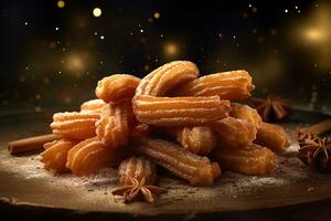 ai generado de cerca de un de dulce caliente churros con estrellas anís , Español Pastelería en borroso antecedentes foto