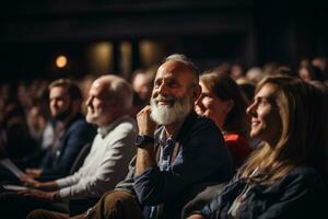 AI generated Smiling grey haired elderly man in a group of diverse people sitting in a lecture hall photo