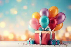 AI generated Several colorful balloons over a large red gift box on a bright light blurred background photo