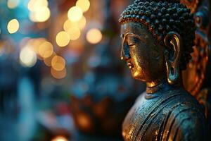 AI generated closeup metallic buddha statue on blurred bokeh background photo