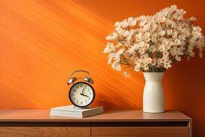 AI generated wooden bedside table with a vase of white flowers, books and an alarm clock, against a bright orange wall photo