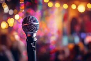 AI generated Close up of a microphone against a bright background of blurred glowing colorful bokeh dots photo