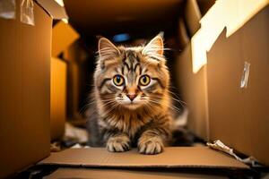 AI generated portrait of a cute tabby cat playing in a cardboard box photo