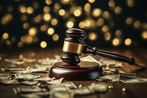 AI generated Judicial gavel among banknotes on a blurred background of bokeh dots. Conception of paying, law, corruption photo